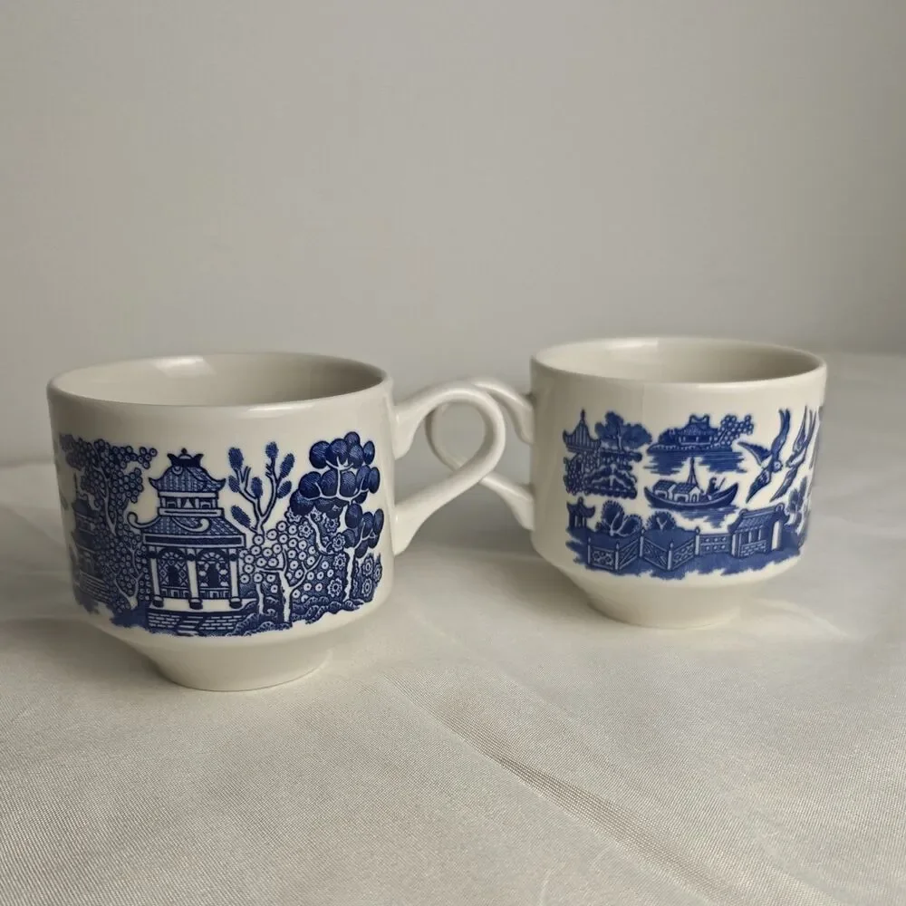 2 Vintage CHURCHILL England cobalt Blue Tea Coffee Cups asian Japan inspired